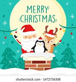 Merry Christmas Cartoon Vector Graphic Illustration - Cute Santa Claus Deer Penguin in Chimney Funny Greeting Wishes Cards Vector 