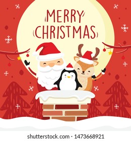 Merry Christmas Cartoon Vector Graphic Illustration - Cute Santa Claus Deer Penguin in Chimney Funny Greeting Wishes Cards Vector 