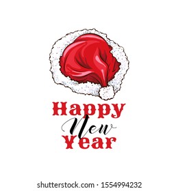 Merry Christmas cartoon vector sticker template. Cute Santa red hat with candy sticks and mistletoe twig illustration. Happy New Year banner layout. December holidays wishes poster design
