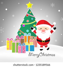 Merry Christmas cartoon wish card illustration concept. Santa claus, decorative christmas tree and gift boxes on falling snow flake backgrounds, vector.