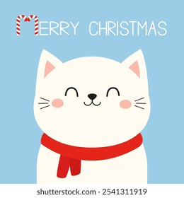 Merry Christmas cat face. Candy Cane text. Kitten wearing red scarf. White silhouette icon. Funny kawaii animal. Cute cartoon pet baby character. Childish style. Flat design. Blue background. Vector