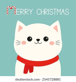 Merry Christmas cat face. Kitten wearing red scarf. White silhouette icon. Funny kawaii animal. Cute cartoon pet baby character. Childish style. Candy Cane text. Flat design. Green background. Vector