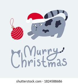 Merry Christmas cat greeting card. Cute funny kitty in santa hat playing with xmas ball. Doodle lettering for festive card design. 