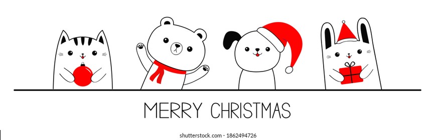 Merry Christmas. Cat kitten Dog Bear Bunny Rabbit animal set holding gift box, xmas ball. Cartoon kawaii character. Cute face. Red santa hat, scarf. Funny baby pet. Flat design White background Vector