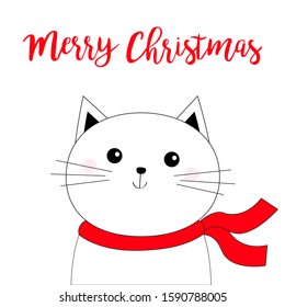 Merry Christmas. Cat kitten kitty face head black line icon. Red scarf and hat. Hello winter. Cute cartoon kawaii funny character. Baby greeting card. White background. Flat design Vector illustration