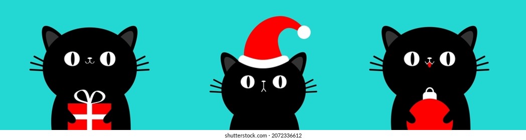 Merry Christmas. Cat Kitten kitty set holding red gift box, xmas ball. Cartoon kawaii character. Cute face icon. Red santa hat. Funny baby pet animal. Flat design. Blue background. Vector illustration