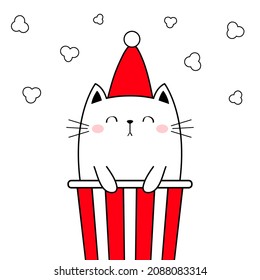 Merry Christmas Cat in popcorn box. Kitten red santa hat. Pop corn popping. Cute cartoon kawaii funny contour character. Movie night. Cinema theater. Film show. White background. Flat design. Vector