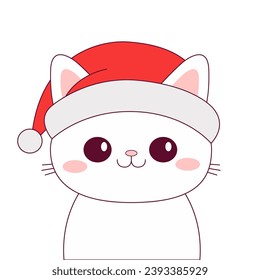 Merry Christmas cat. Red Santa Claus hat. White kitten. Contour line doodle pet. Smiling face. Kawaii baby animal. Cute cartoon funny character. Funny kitty. Flat design. White background. Vector