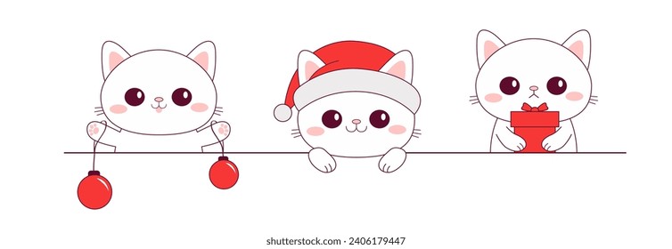 Merry Christmas cat set. Red Santa Claus hat, xmas ball, gift box. White kitten. Contour line doodle pet. Smiling face. Kawaii animal. Cute cartoon funny character. Flat design White background Vector