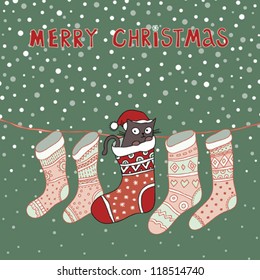 Merry Christmas Cat in Sock Vector Illustration