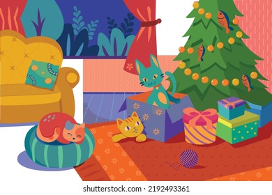 Merry Christmas With Cat Vector Illustration. Christmas Tree, Cats, Gift