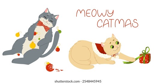 Merry Christmas cats celebrating New Year holidays. Vector cartoon illustrations of cute pets playing with Christmas tree decorations and presents. Isolated prints for stickers and decor