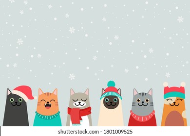 Merry Christmas cats, collection of christmas cats in santa hats, winter headwear. Happy xmas pets greeting card. eps 10 vector.