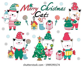 Merry Christmas Cats are designed with doodle in red and green tones for stickers, cards, tote bags, t-shirts, coffee mugs, digital printing, fabric printing, patterns, Christmas tree, digital paper 