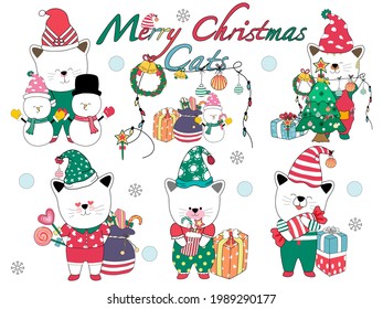 Merry Christmas Cats are designed with doodle in red and green tones for stickers, cards, tote bags, t-shirts, coffee mugs, digital printing, fabric printing, patterns, Christmas tree, digital paper 