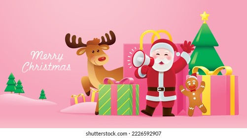 Merry Christmas Celebrate with Santa Claus Reindeer and Gingerbread Man Decorated with Christmas Tree and Gifts