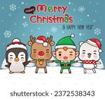 Merry Christmas, Celebrating Christmas with Penguin, Polar Bear, Elf and Reindeer in Christmas snow scene