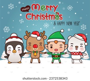 Merry Christmas, Celebrating Christmas with Penguin, Polar Bear, Elf and Reindeer in Christmas snow scene