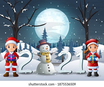 Merry Christmas celebrating with Santa boy and girl holding gift box