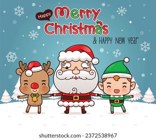 Merry Christmas, Celebrating Christmas with Santa Claus, Elf and Reindeer in Christmas snow scene
