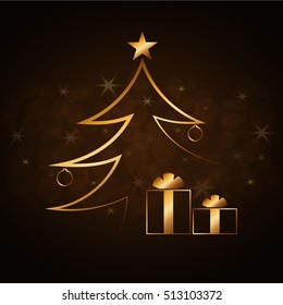 Merry Christmas celebration abstract background with gold Xmas tree. Decorative golden gift box, balls, star. Simple sketch card, greeting. Shine light Happy New Year decoration. Vector illustration