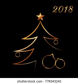 Merry Christmas celebration abstract background, gold Xmas balls. Decorative golden bauble, star. Simple sketch for card, greeting. Shine light Happy New Year holiday decoration Vector illustration