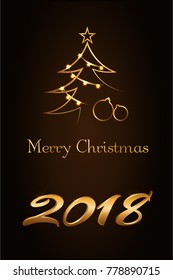 Merry Christmas celebration abstract background, gold Xmas balls. Decorative golden baubles, fairy lights, number 2018. Simple sketch for greeting, Happy New Year card. Vector illustration