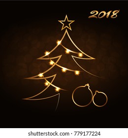 Merry Christmas celebration abstract background, gold Xmas balls. Decorative golden bauble, star. Simple sketch for card, greeting. Shine light Happy New Year holiday decoration Vector illustration