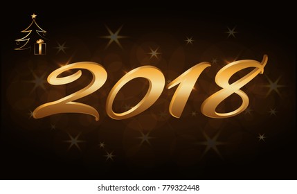 Merry Christmas celebration abstract background. Gold Xmas tree, gift box. Golden numbers 2018. Simple sketch for greeting. Light Happy New Year decoration. Vector illustration