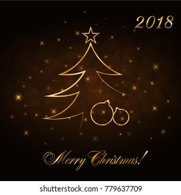 Merry Christmas celebration abstract background, gold Xmas balls. Decorative golden bauble, star. Simple sketch for card, greeting. Shine light Happy New Year holiday decoration Vector illustration