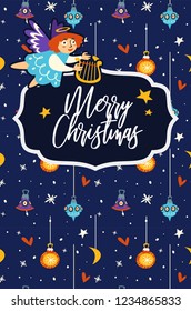 Merry Christmas celebration, angel flying and holding harp