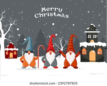 Merry Christmas Celebration Background with Cartoon Gnomes Characters and Snowy Houses in Snow Falling Time.