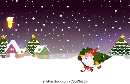 Merry Christmas celebration background with cute Santa carrying Xmas Tree on snowfall background.