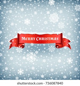 Merry Christmas celebration background with falling snow and red banner ribbon vector illustration. Xmas ribbon banner with snowflake