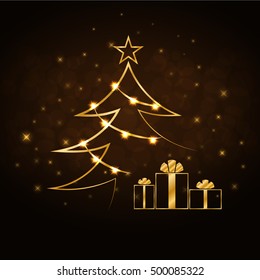 Merry Christmas celebration background, gold Xmas tree. Decorative golden gift box, balls, star. Simple sketch card, greeting. Shine light Happy New Year holiday decoration. Vector illustration