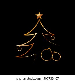 Merry Christmas celebration background, gold Xmas tree. Decorative golden gift box, balls, star. Simple sketch card, greeting. Shine light Happy New Year holiday decoration. Vector illustration