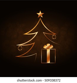 Merry Christmas celebration background, gold Xmas tree. Decorative golden gift box, balls, star. Simple sketch card, greeting. Shine light Happy New Year holiday decoration. Vector illustration