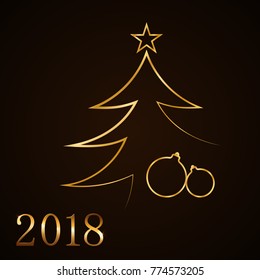 Merry Christmas celebration background, gold Xmas tree. Decorative golden gift box, balls, star. Simple sketch card, greeting. Shine light Happy New Year holiday decoration. Vector illustration