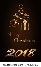 Merry Christmas celebration background, gold Xmas tree. Decorative golden gift box, number 2018, fairy lights. Simple sketch for greeting, Happy New Year holiday card. Vector illustration