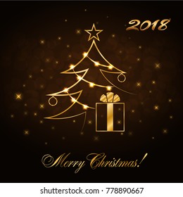 Merry Christmas celebration background, gold Xmas tree. Decorative golden gift box, balls, star. Simple sketch card, greeting. Shine light Happy New Year holiday decoration. Vector illustration