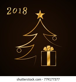 Merry Christmas celebration background, gold Xmas tree. Decorative golden gift box, balls, star. Simple sketch card, greeting. Shine light Happy New Year holiday decoration. Vector illustration