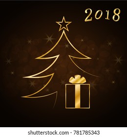Merry Christmas celebration background, gold Xmas tree. Decorative golden gift box, balls, star. Simple sketch card, greeting. Shine light Happy New Year holiday decoration. Vector illustration