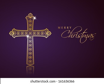 Merry Christmas celebration background with golden Christian Cross on purple background. 