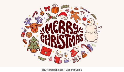 Merry Christmas celebration background. Horizontal banner with cozy Christmas elements. Color doodles. Decorated fir tree, snowman, gingerbread cookies, deer and lettering. Vector doodle illustration.