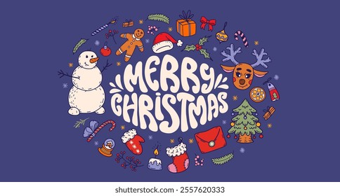 Merry Christmas celebration background. Horizontal banner with cozy Christmas elements. Color doodles. Decorated fir tree, snowman, gingerbread cookies, deer and lettering. Vector doodle illustration.