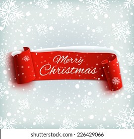 Merry Christmas Celebration Background With Red Realistic Ribbon Banner And Snow. Vector Illustration