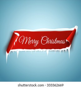 Merry Christmas celebration background with red realistic curved ribbon banner, icicles and snow. Vector illustration