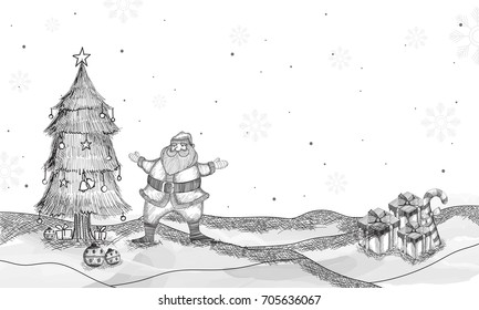 Merry Christmas celebration background with Santa Claus, Xmas Tree and Gift Boxes.