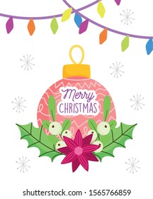 merry christmas celebration ball flower lights leaves vector illustration