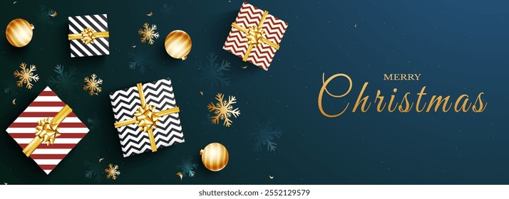 Merry Christmas Celebration Banner Design with Top View of Gift Boxes, Golden Baubles and Snowflakes Decorated on Blue Background.